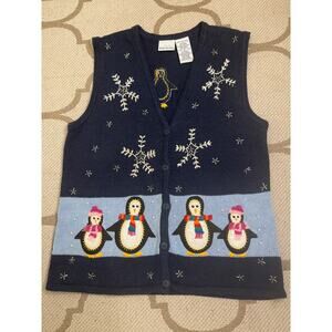 Bobbie Brooks navy button front embroidered penguins sweater vest, size small